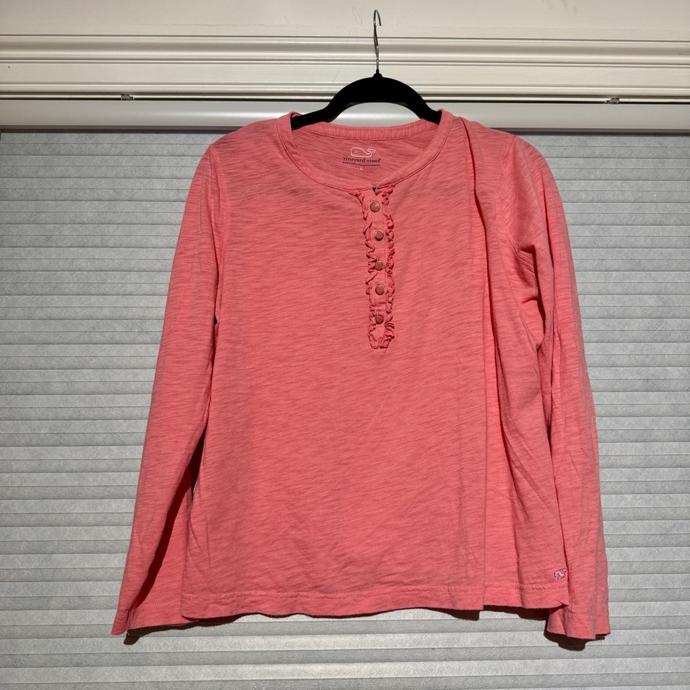 Vineyard Vines Pink Long Sleeve Ruffle Henley Top – Size L